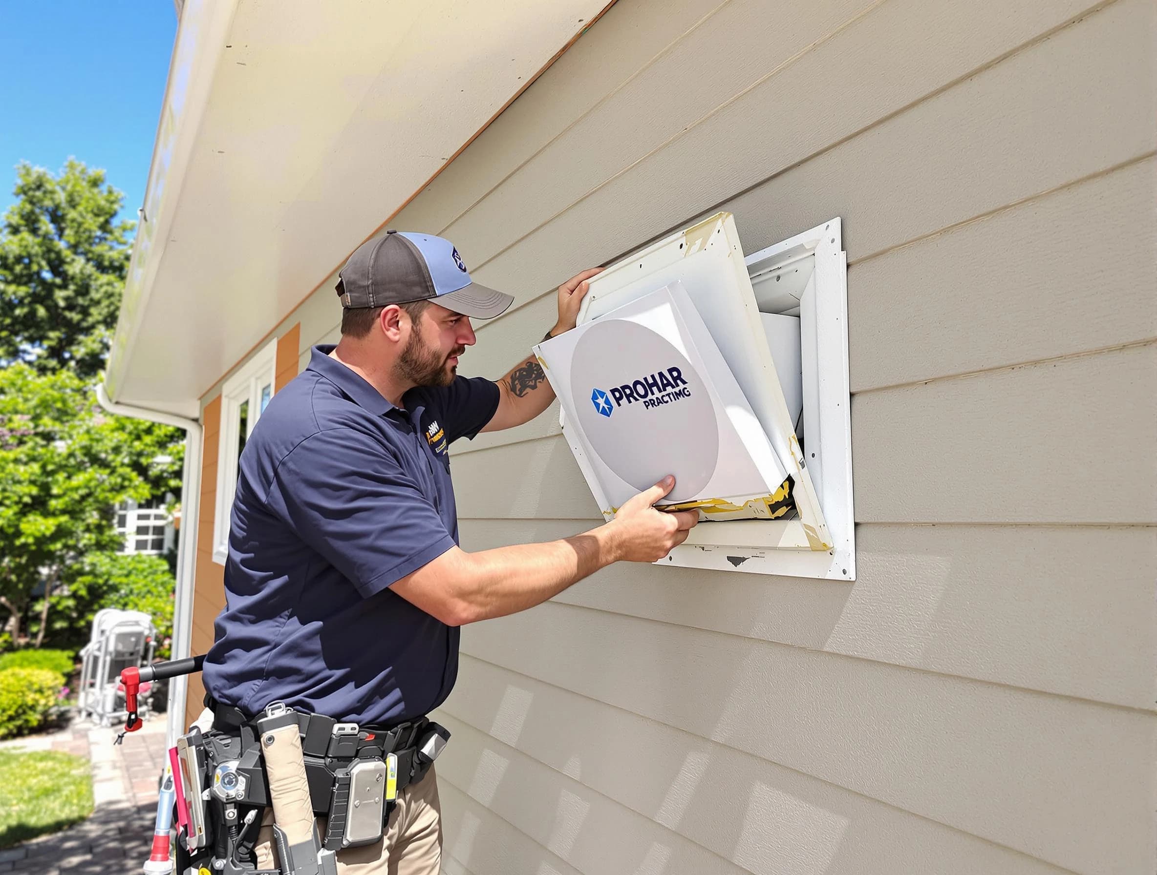 Kennesaw Dryer Vent Cleaning technician installing a new protective dryer vent cover on a home in Kennesaw